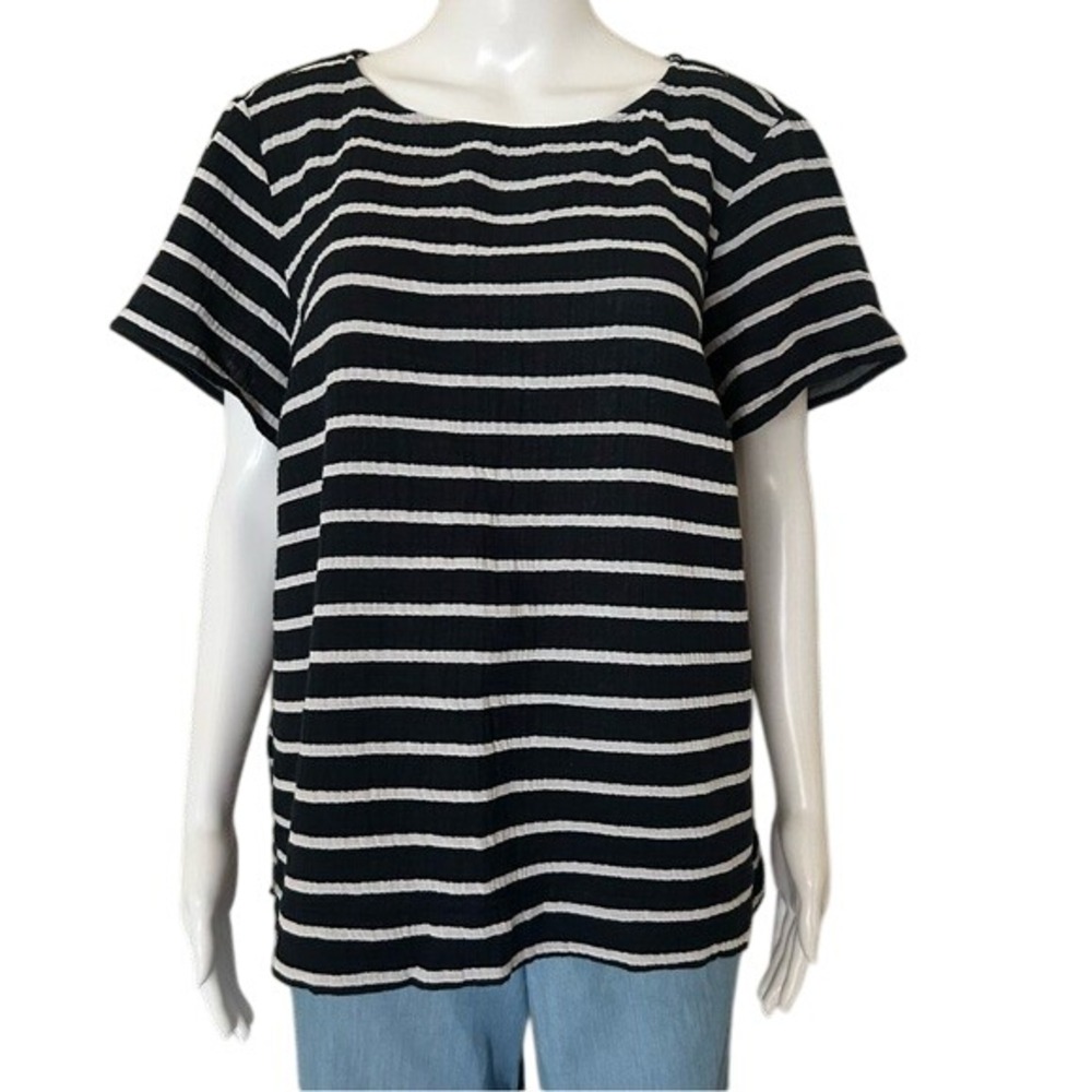 J. Jill Relaxed Boat Neck Short Sleeve White Blue Striped Cotton Gauze Blouse XL